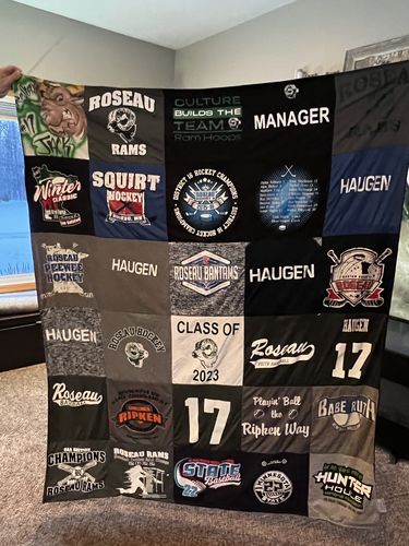 T-shirt quilt featuring rosseau rams, rosseau bantams by Jodee from MN