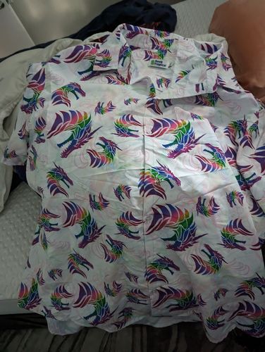 Customer photo review of Rainbow Dragons and Unicorns Button Up Shirt