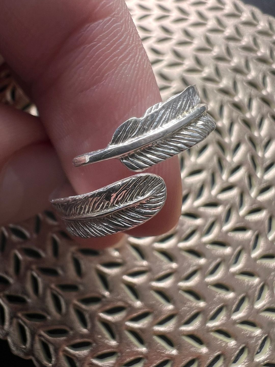 Customer photo review of Sterling Silver Adjustable Feather Ring