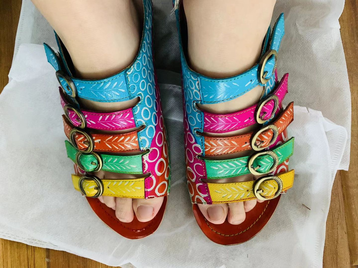 Customer photo review of Colorful Floral Embossed Leather Sandals