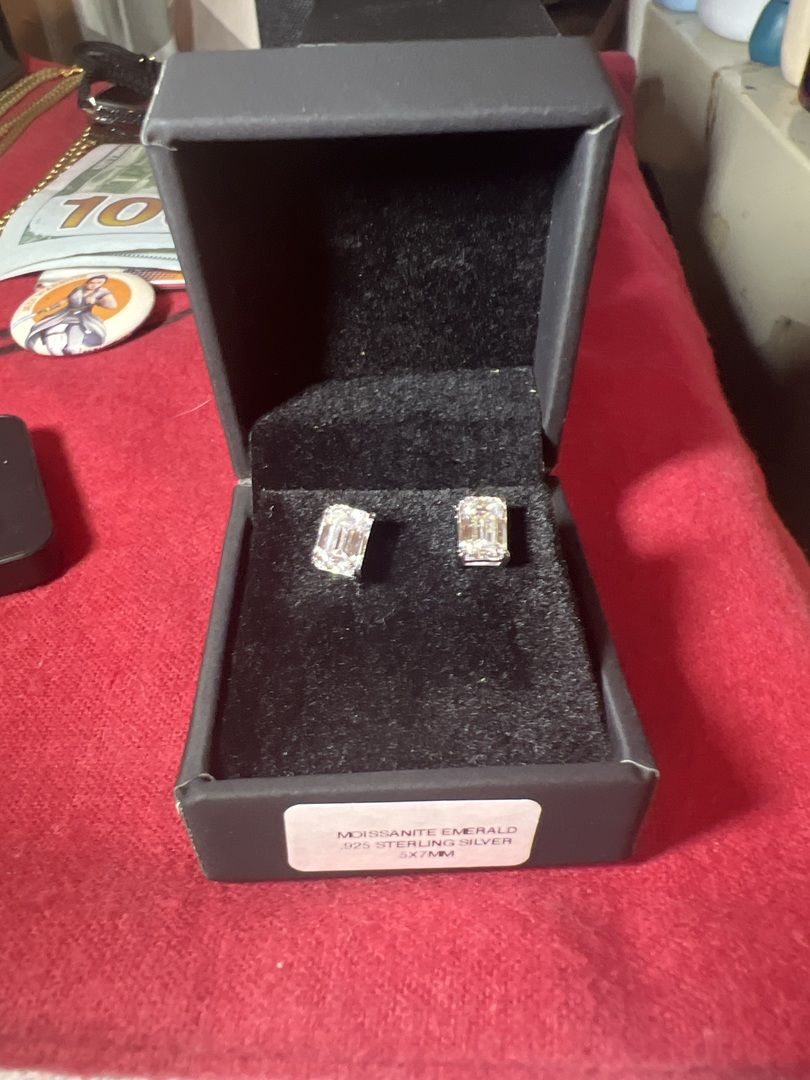Customer photo review of Emerald Cut Moissanite VVS D Stud Earrings .925 Sterling Silver