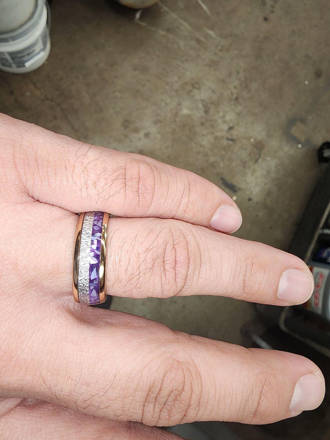 Customer photo review of 8mm- Rose Gold Arrow Ring, Tungsten Dome Ring, W/ Purple Agate & Meteorite Inlay