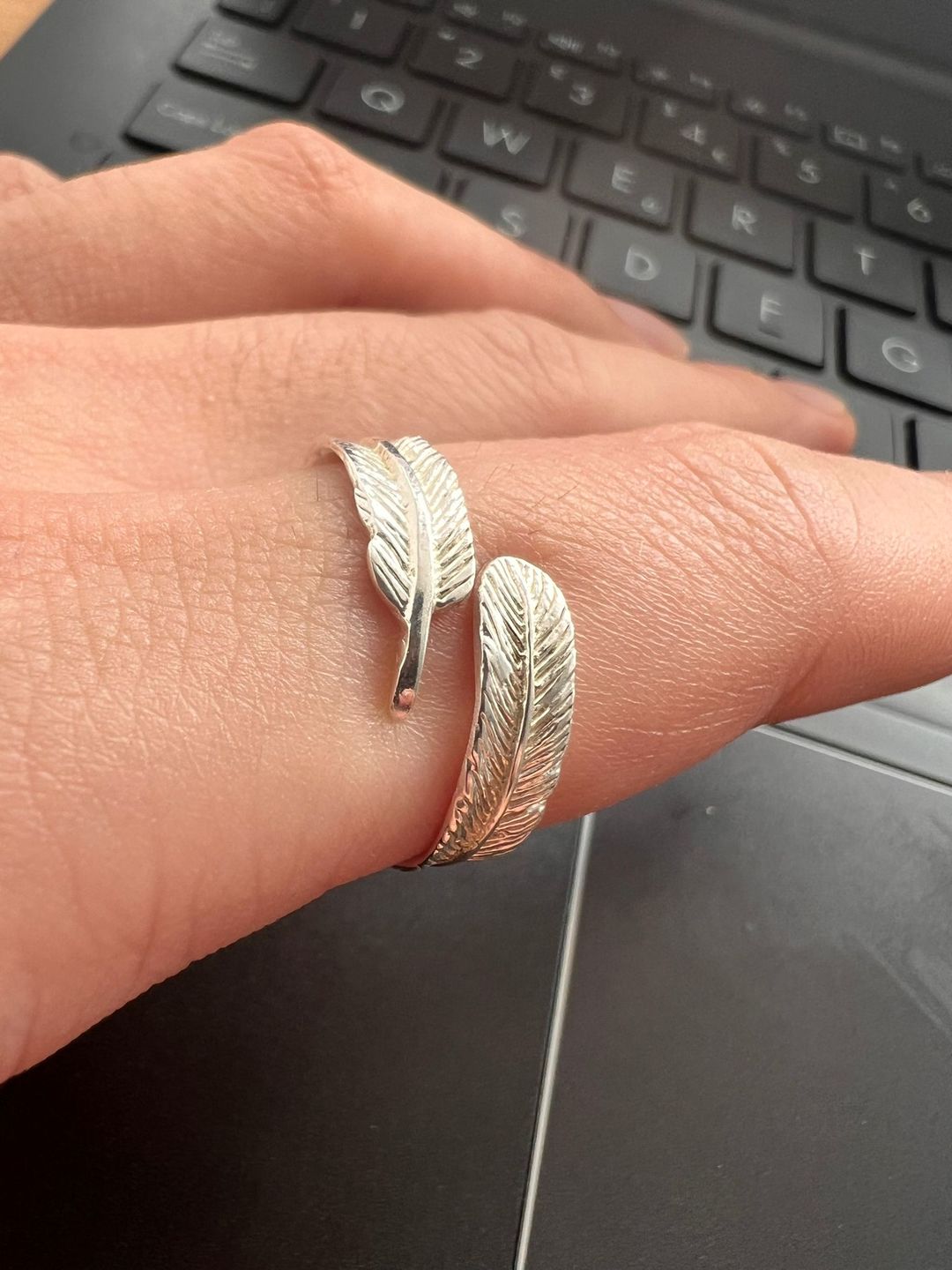 Customer photo review of Sterling Silver Adjustable Feather Ring