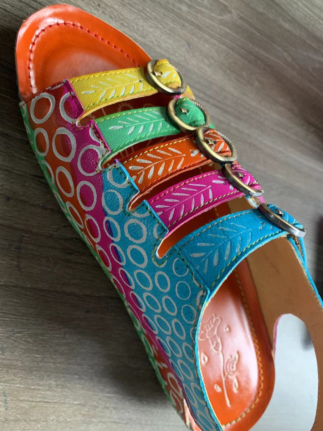 Customer photo review of Colorful Floral Embossed Leather Sandals
