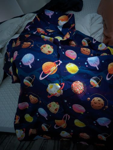 Customer photo review of Cartoon Planet Food Space Blue Purple Button Up Shirt