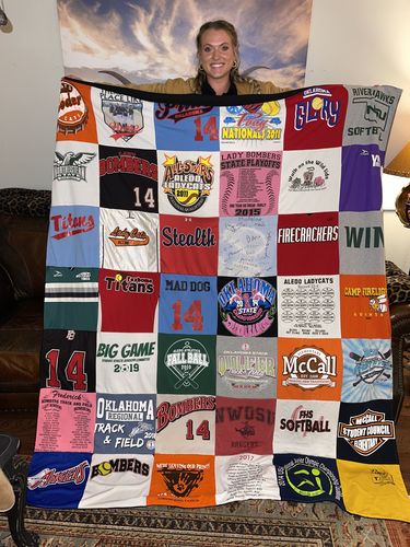 T-shirt quilt featuring lady bombers, firecrackers by Brandy from OK