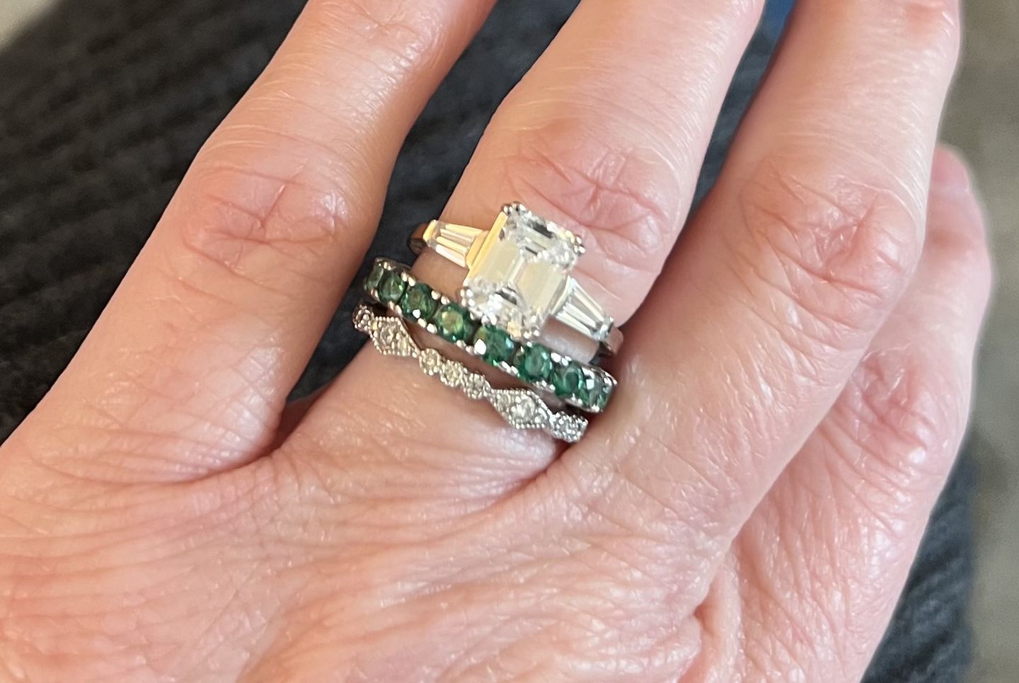Customer photo review of 3-Stone 2.1ct Emerald Cut CZ Ring in Sterling Silver