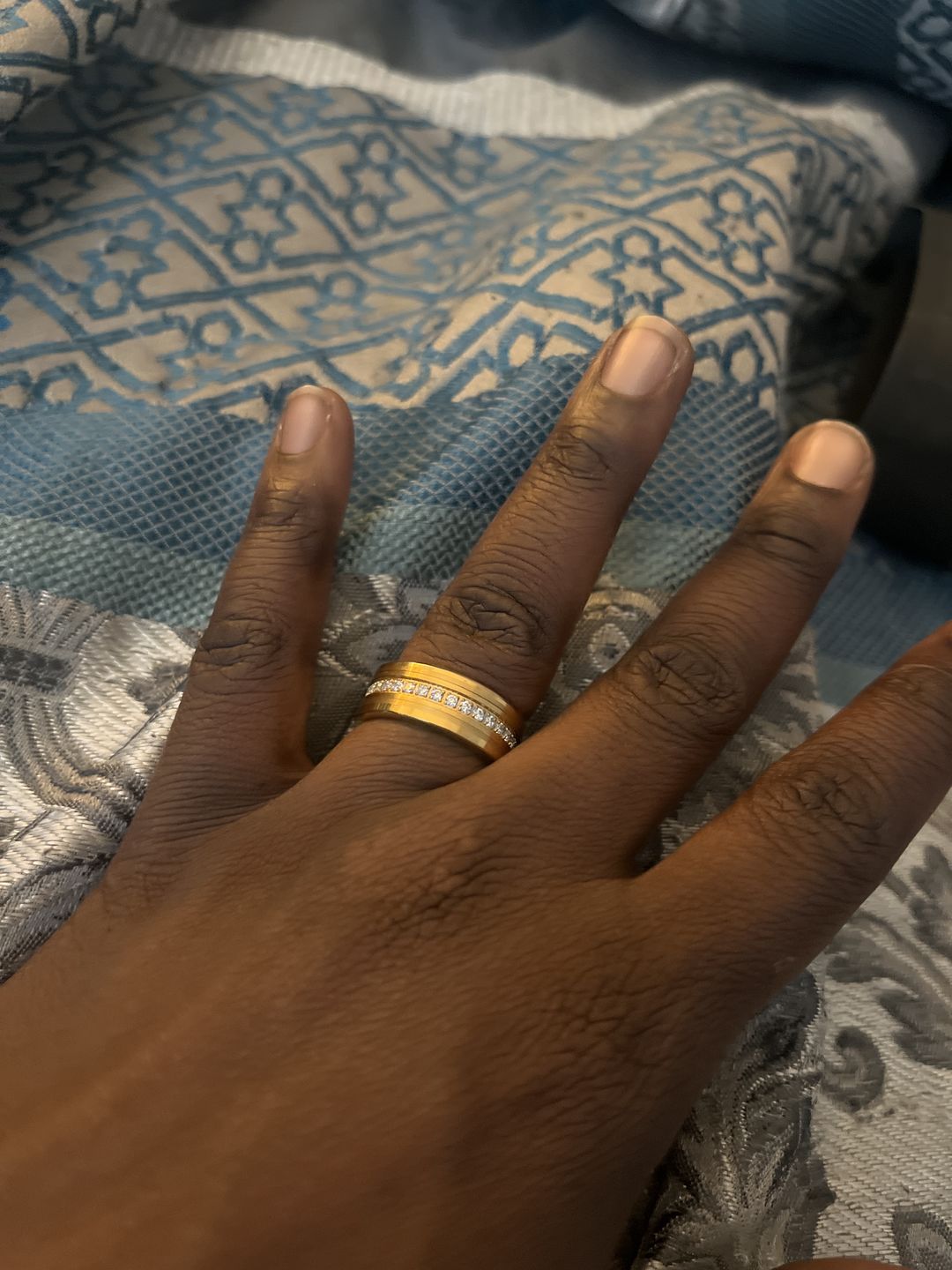Customer photo review of 8mm - Men's Tungsten Wedding Band, CZ Diamond Ring, Comfort Fit Ring, Yellow Gold Ring,