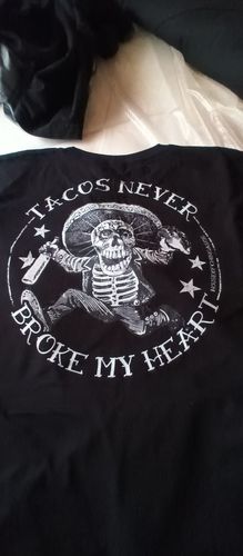 Customer photo review of Tacos Never Broke My Heart Vintage T-Shirt (Front And Back Print)