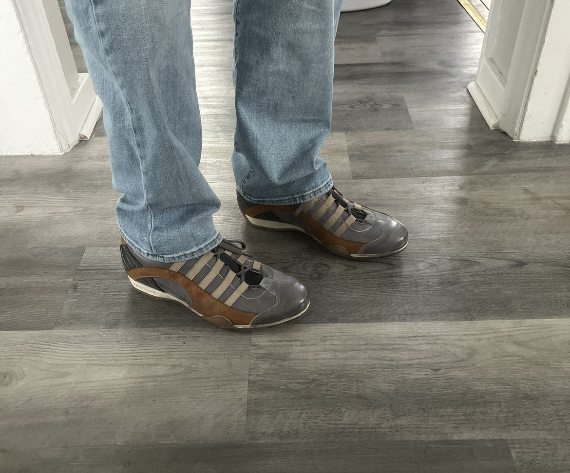 Customer photo review of Men's GrandPrix Sneaker in Beach Club (Faded Navy and Brown)