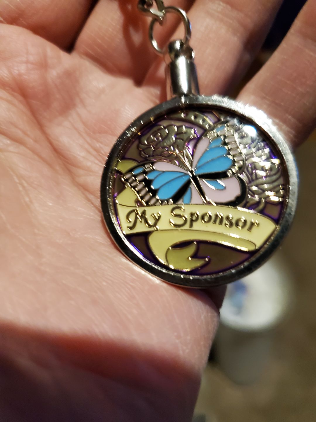 Customer photo review of My Sponsor Specialty Women's AA/NA Butterfly Medallion - Purple/Gold