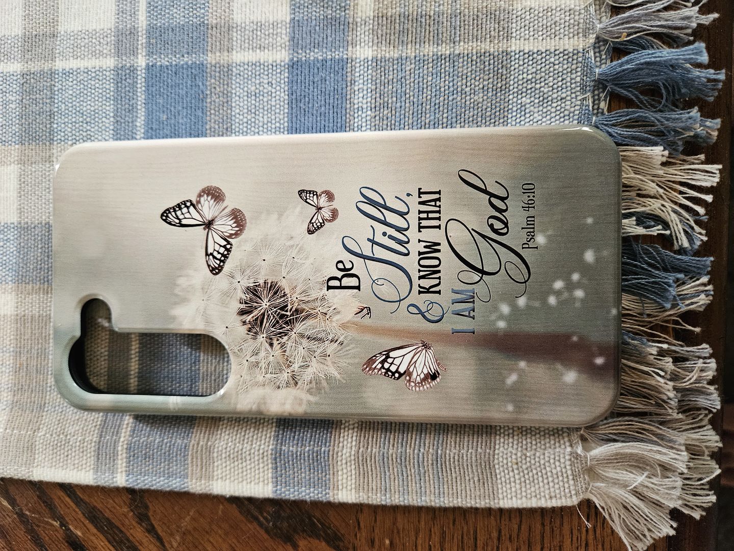 Customer photo review of Christian phone cases: Be Still and Know Psalm 46:10 Dandelion Butterfly phone case