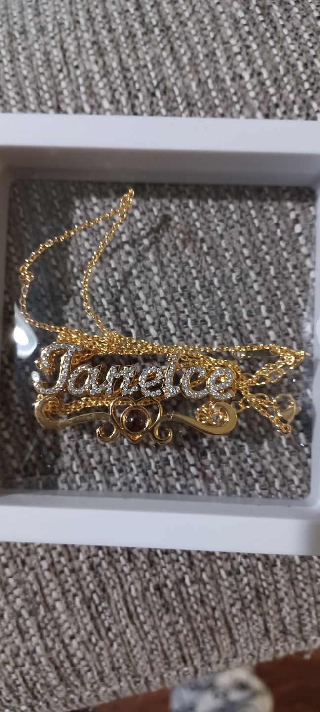 Customer photo review of Double Plated Iced Heart Photo Name Necklace w/ Cuban Chain