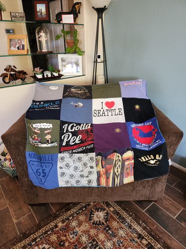 T-shirt quilt with travel, cats themes by Julia from AZ