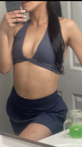 Customer photo review of Indigo Halter Twist Sports Bra