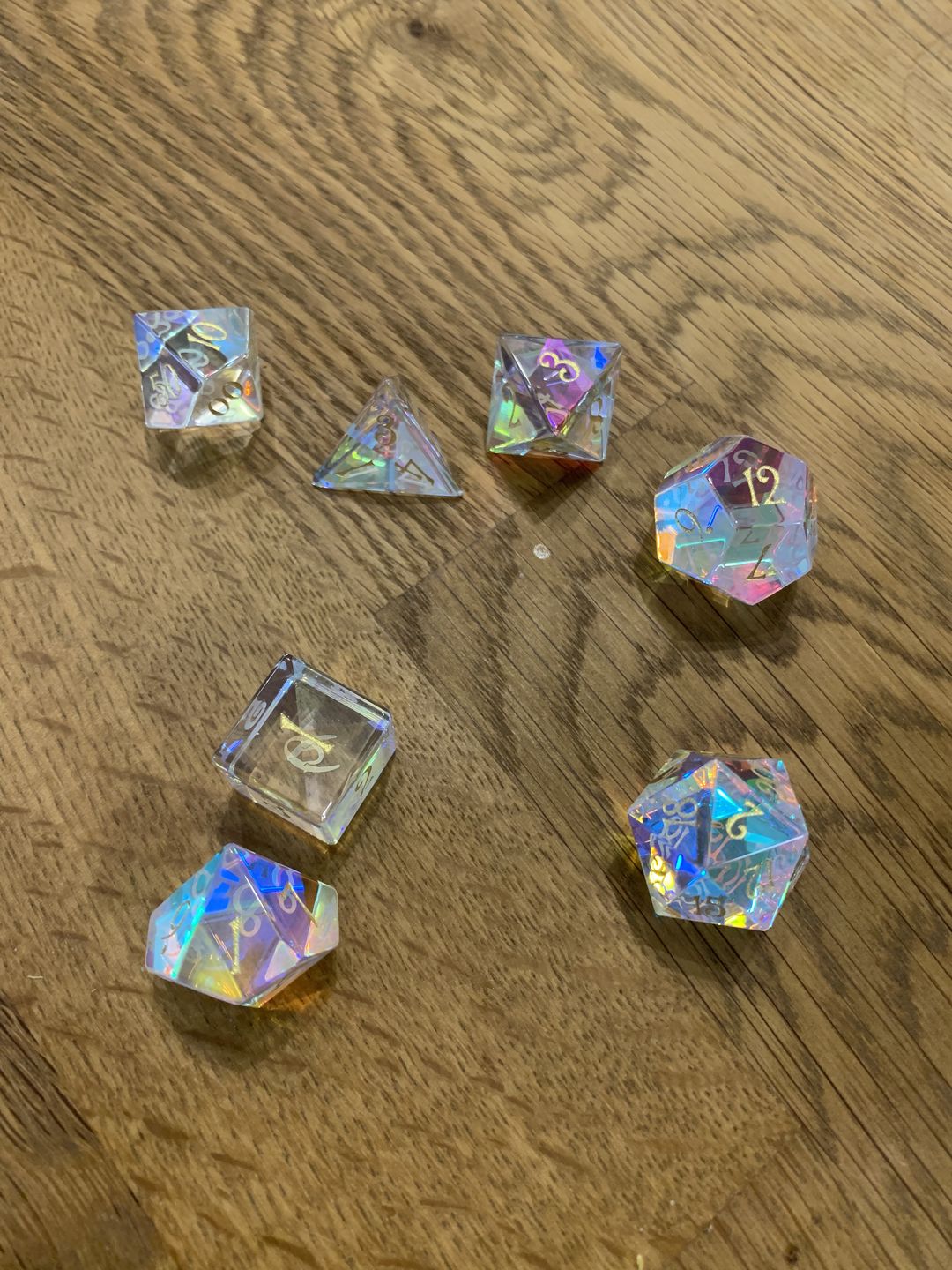 Customer photo review of URWizards D&D Dichroic Prism Glass Gemstone Engraved Dice Set