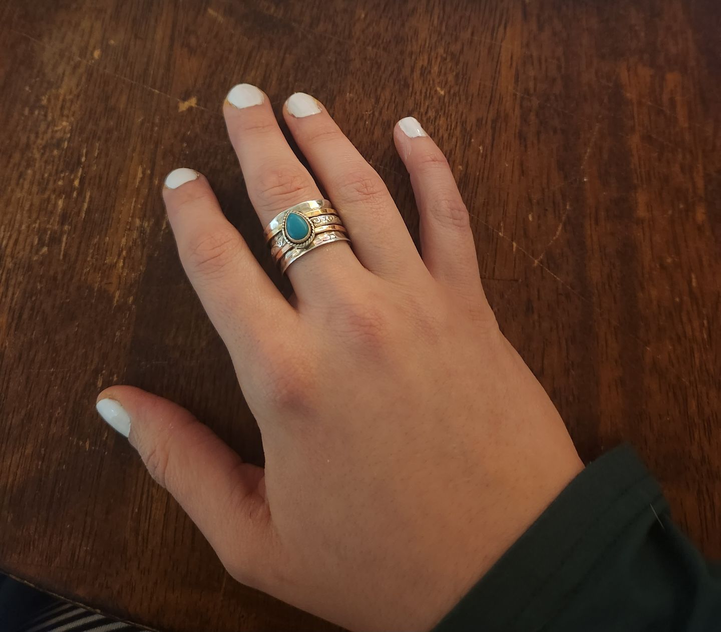Customer photo review of Teardrop Turquoise Fidget Ring Sterling Silver