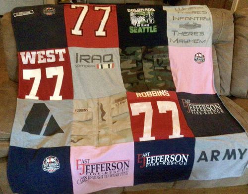T-shirt quilt with military, veterans themes by Tracy from WA