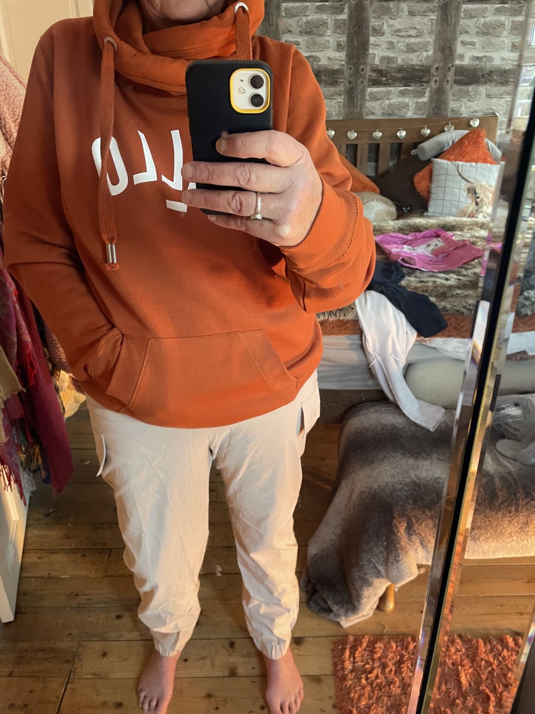 Customer photo review of New: Rust Hello Cowl Neck Hoodie