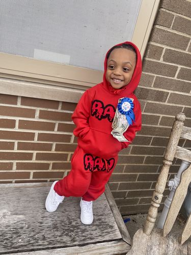 Customer photo review of Kids RAW Drip Red Chenille Hoodie And Jogger Set