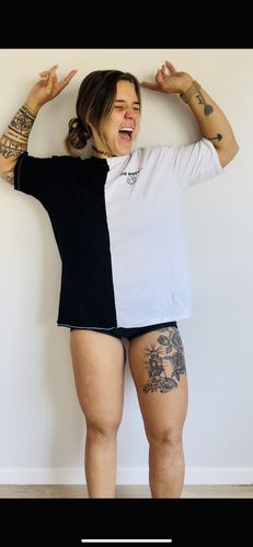 Customer photo review of Salty Savage Unisex “the worst” Two Tone Oversized Crew Tee | Basic | Black/White