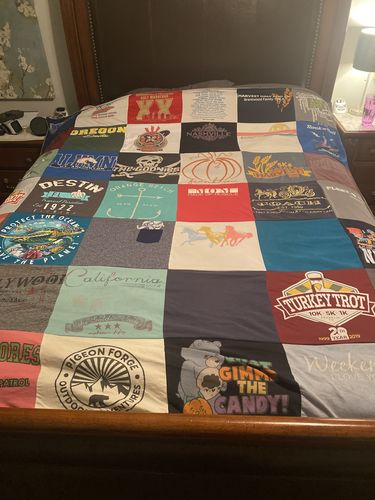 T-shirt quilt with outdoor activities, travel themes by Emily from TN