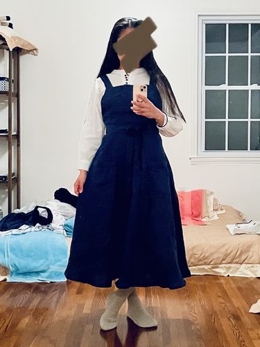 Customer photo review of Women Blue Midi Linen Pinafore Dress 3844