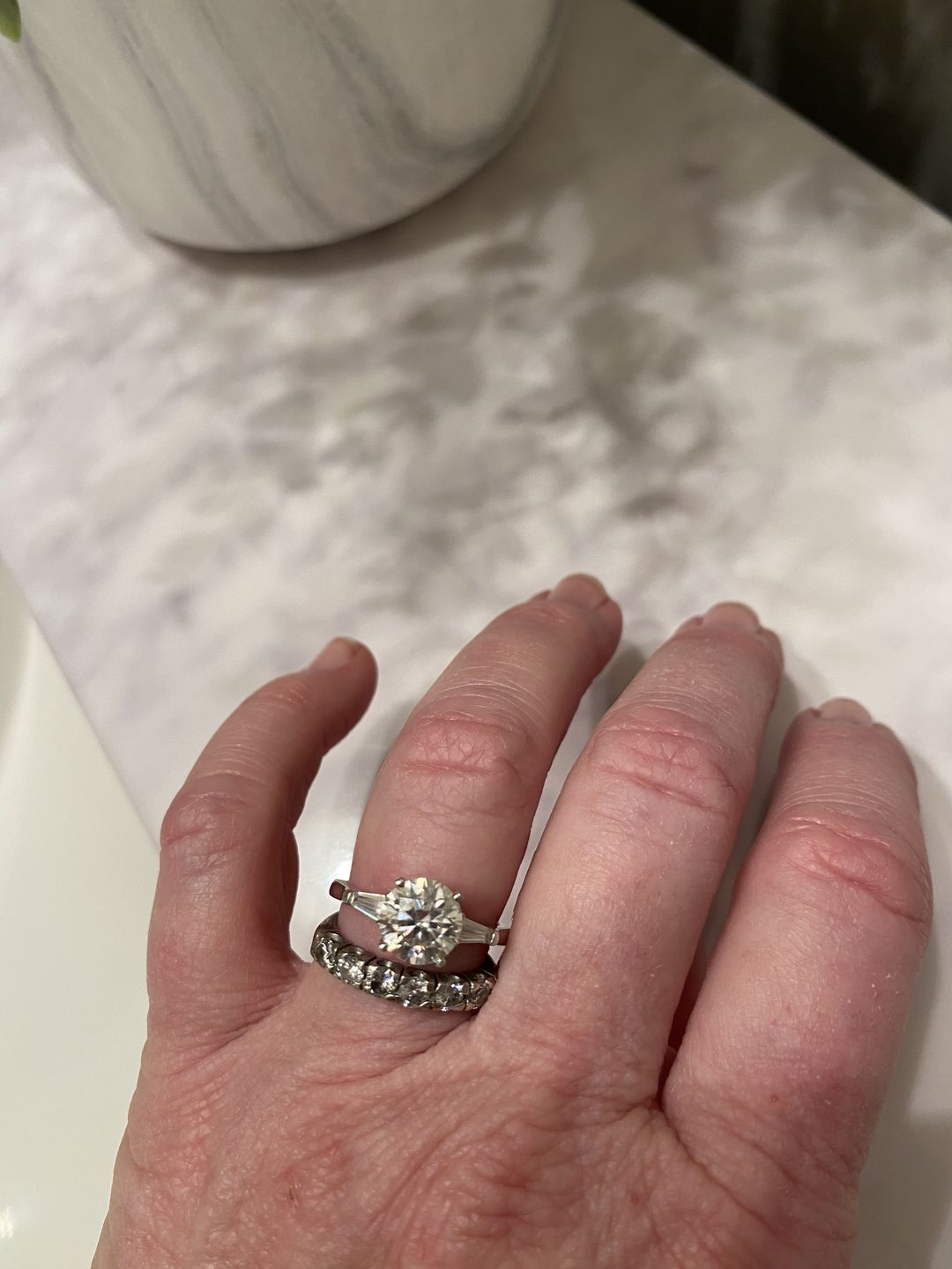 Customer photo review of Three Stone Round Moissanite Tapered Baguette Engagement Ring