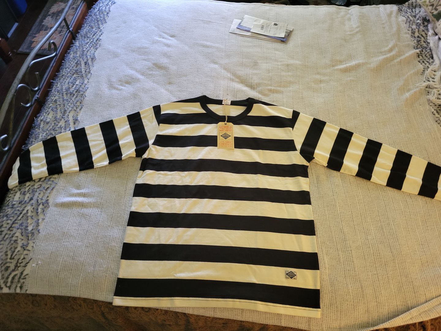 Customer photo review of 9 oz Wide Striped Long Sleeve T-Shirt