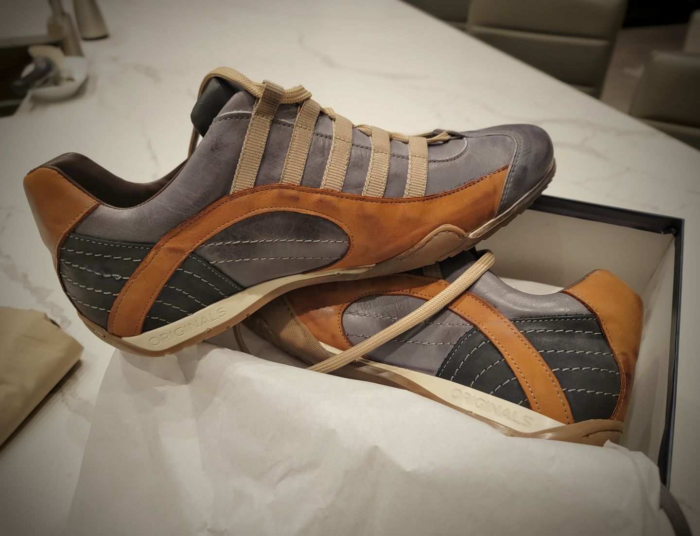 Customer photo review of Men's GrandPrix Sneaker in Beach Club (Faded Navy and Brown)