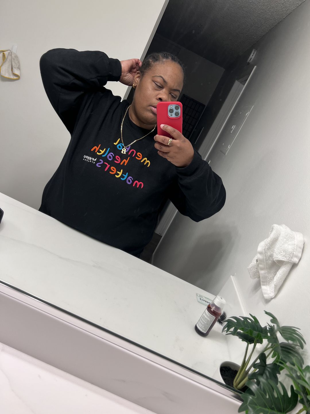 Customer photo review of Mental Health Matters Black Embroidered Crewneck