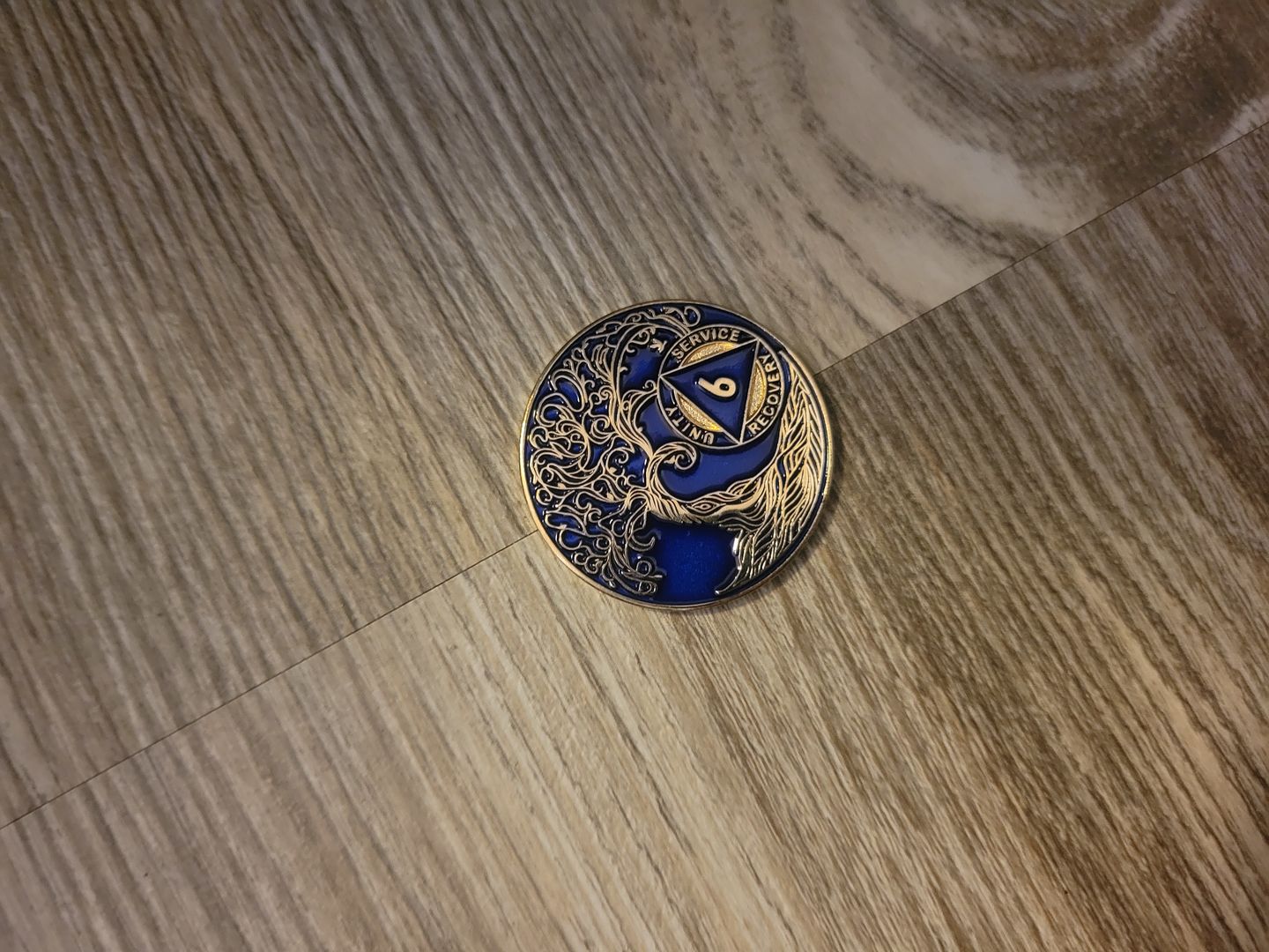 Customer photo review of 1 to 50 Year Sobriety Mint Twisted Tree of Life Gold Plated AA Recovery Medallion/Chip/Coin - Blue