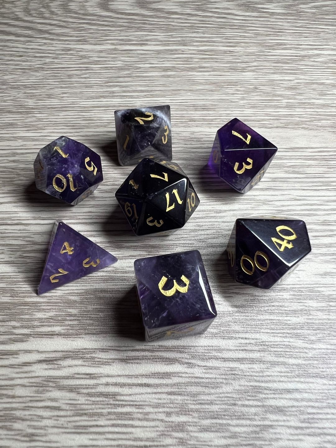 Customer photo review of Gemstone Amethyst Dice (With Box) Hand Carved Polyhedral Dice DND Set - Gift For Dnd, RPG Game
