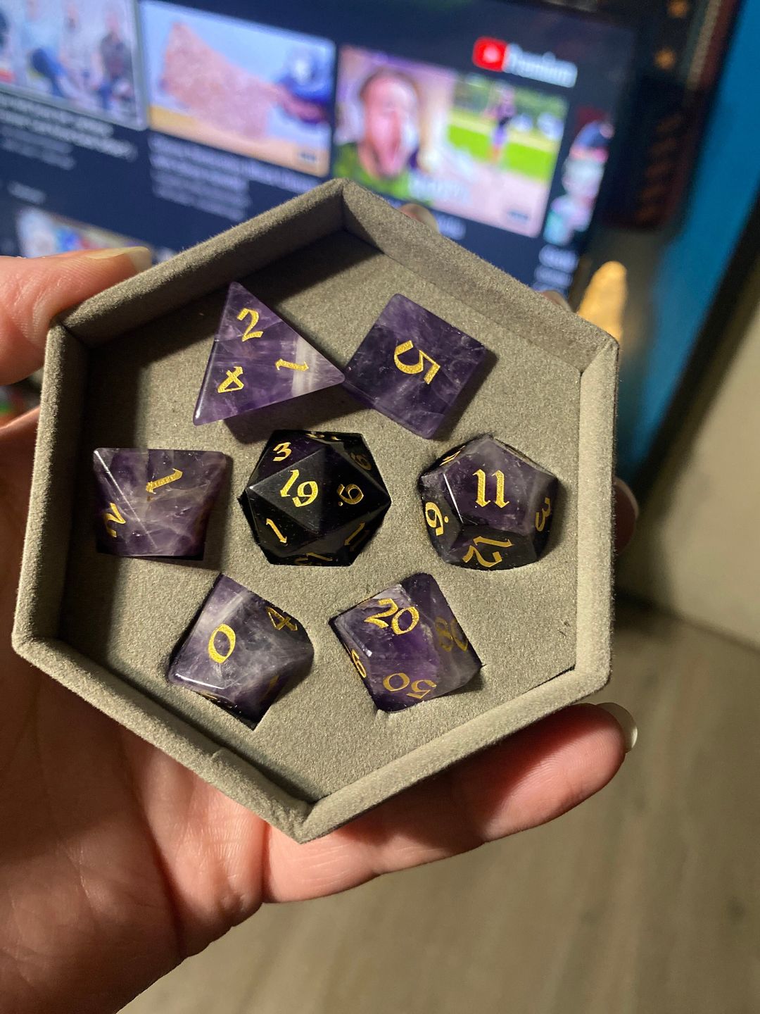Customer photo review of Gemstone Amethyst Dice (With Box) Hand Carved Polyhedral Dice DND Set - Gift For Dnd, RPG Game