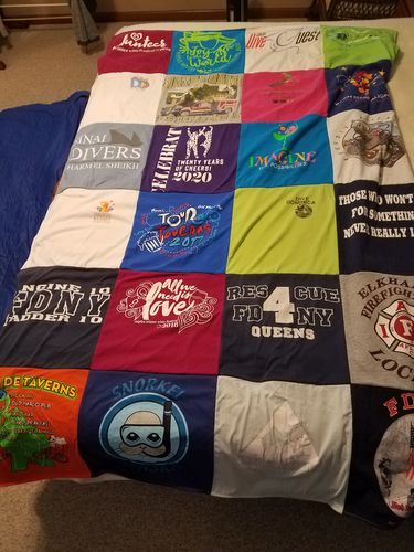 T-shirt quilt with diving, firefighting themes by Kathy from IN