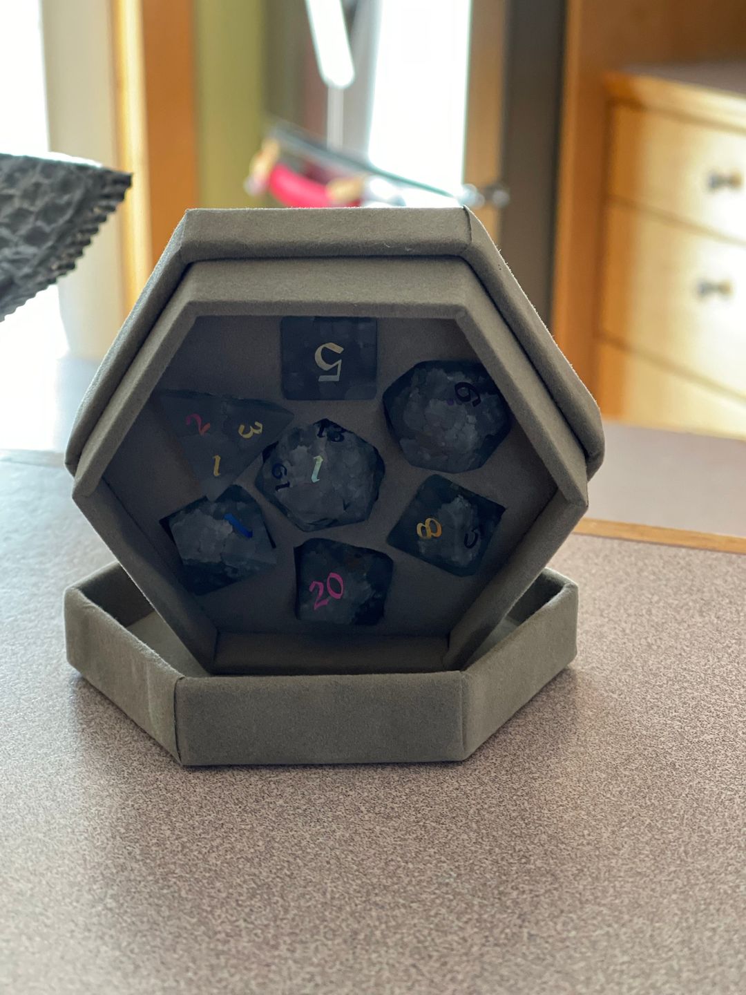 Customer photo review of Black Inked Lightning Glass Cracked Glass (And Box) Polyhedral Dice DND Set - RPG Game DND