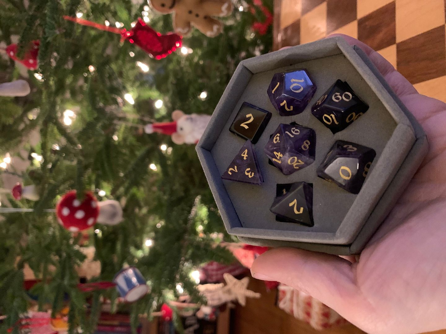 Customer photo review of Gemstone Amethyst Dice (With Box) Hand Carved Polyhedral Dice DND Set - Gift For Dnd, RPG Game