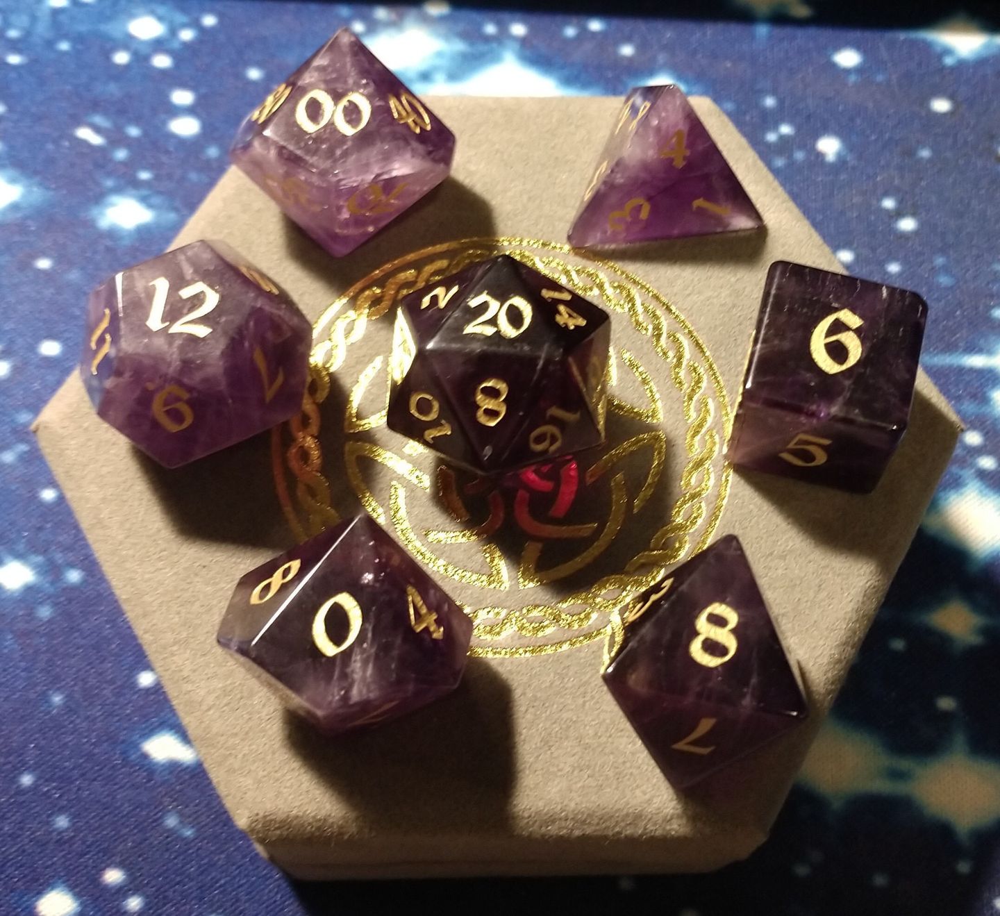 Customer photo review of Gemstone Amethyst Dice (With Box) Hand Carved Polyhedral Dice DND Set - Gift For Dnd, RPG Game