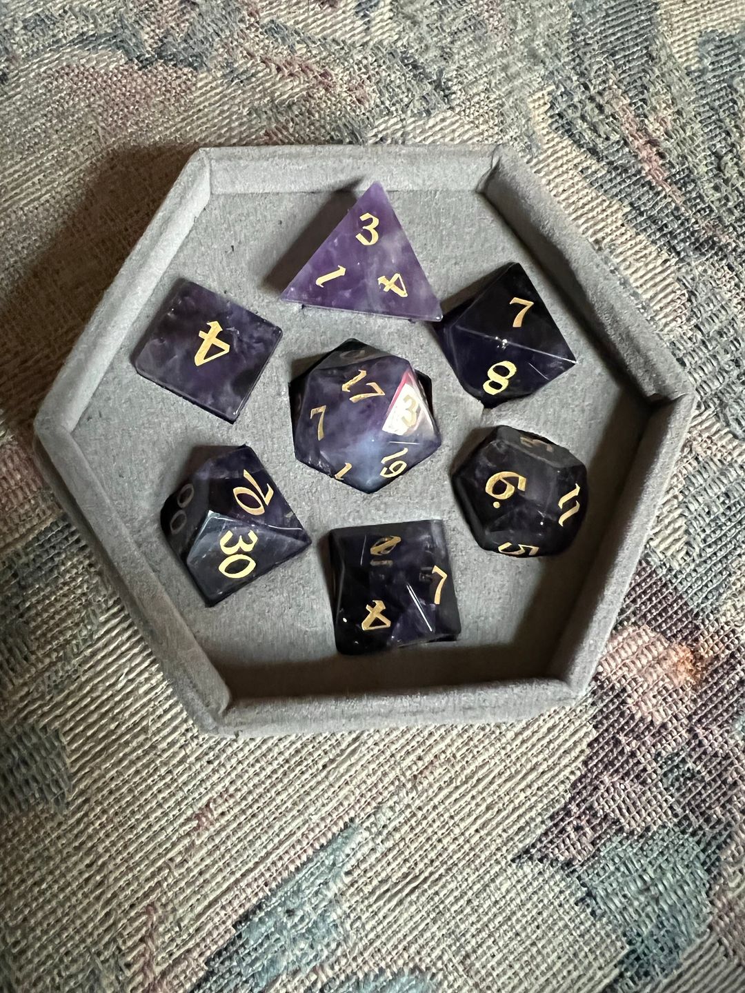 Customer photo review of Gemstone Amethyst Dice (With Box) Hand Carved Polyhedral Dice DND Set - Gift For Dnd, RPG Game