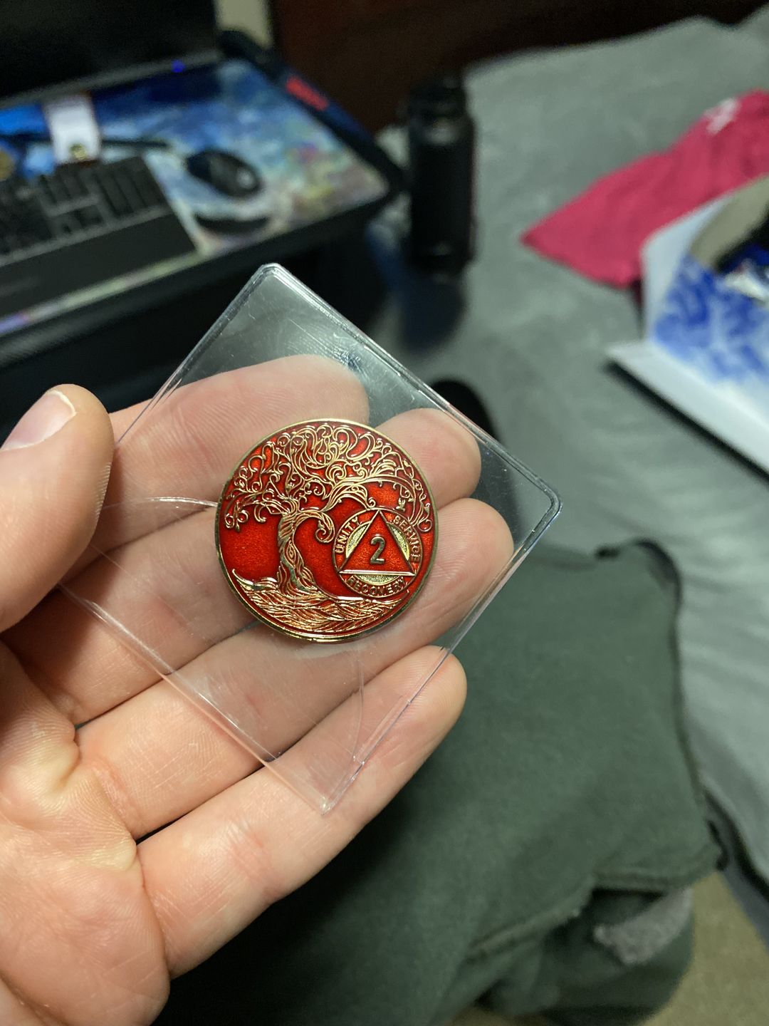 Customer photo review of 1 to 50 Year Sobriety Mint Twisted Tree of Life Gold Plated AA Recovery Medallion/Chip/Coin - Blue