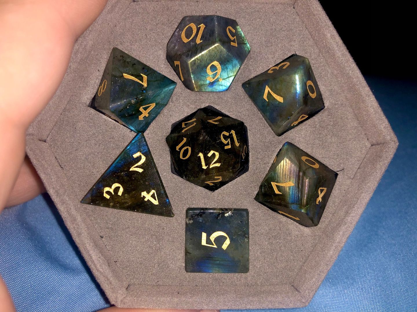 Customer photo review of Labradorite Gemstone Dice (And Box) Polyhedral Dice DND Set