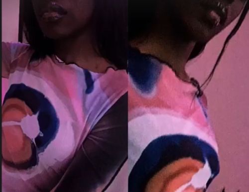 Customer photo review of Sheer mesh contrast print crewneck ruffle long sleeve top