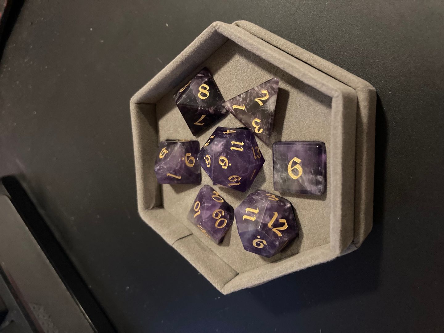 Customer photo review of Gemstone Amethyst Dice (With Box) Hand Carved Polyhedral Dice DND Set - Gift For Dnd, RPG Game