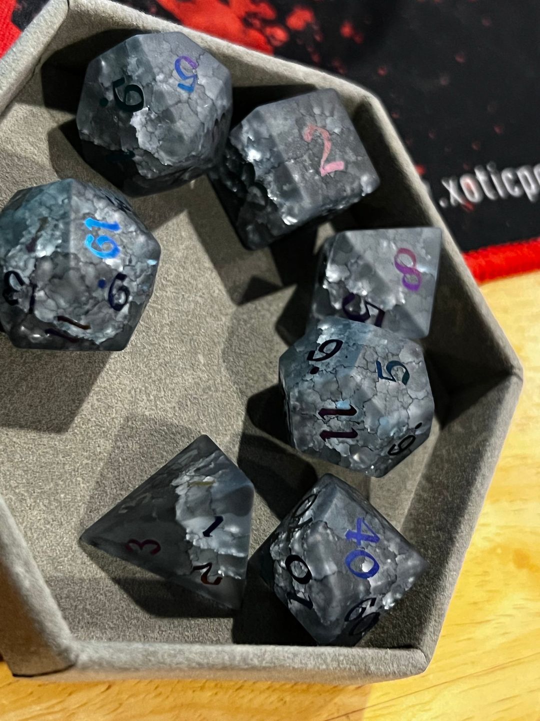 Customer photo review of Black Inked Lightning Glass Cracked Glass (And Box) Polyhedral Dice DND Set - RPG Game DND