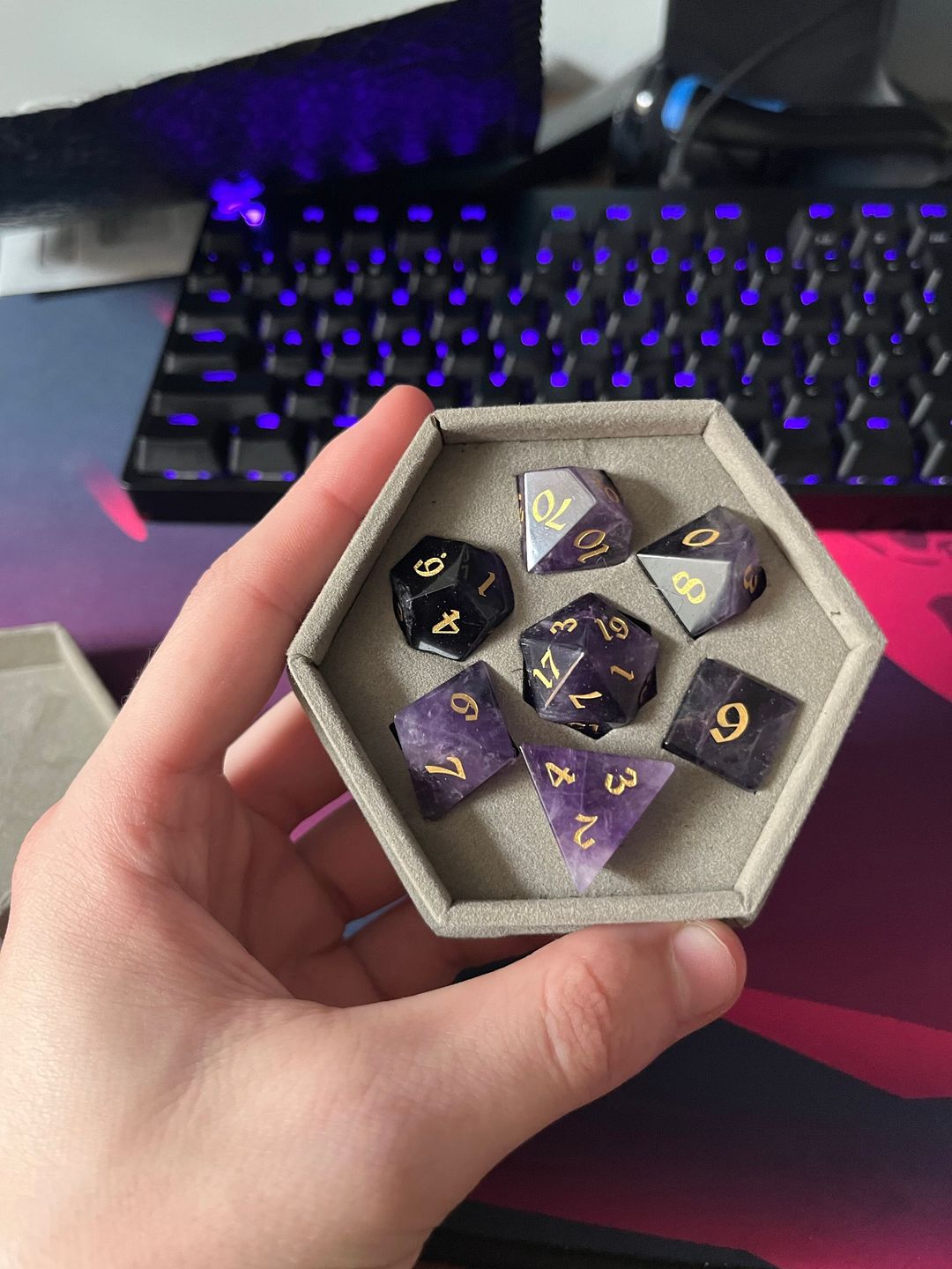 Customer photo review of Gemstone Amethyst Dice (With Box) Hand Carved Polyhedral Dice DND Set - Gift For Dnd, RPG Game