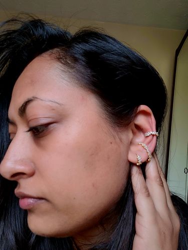 Customer photo review of Cluster Huggie Hoops (Gold)