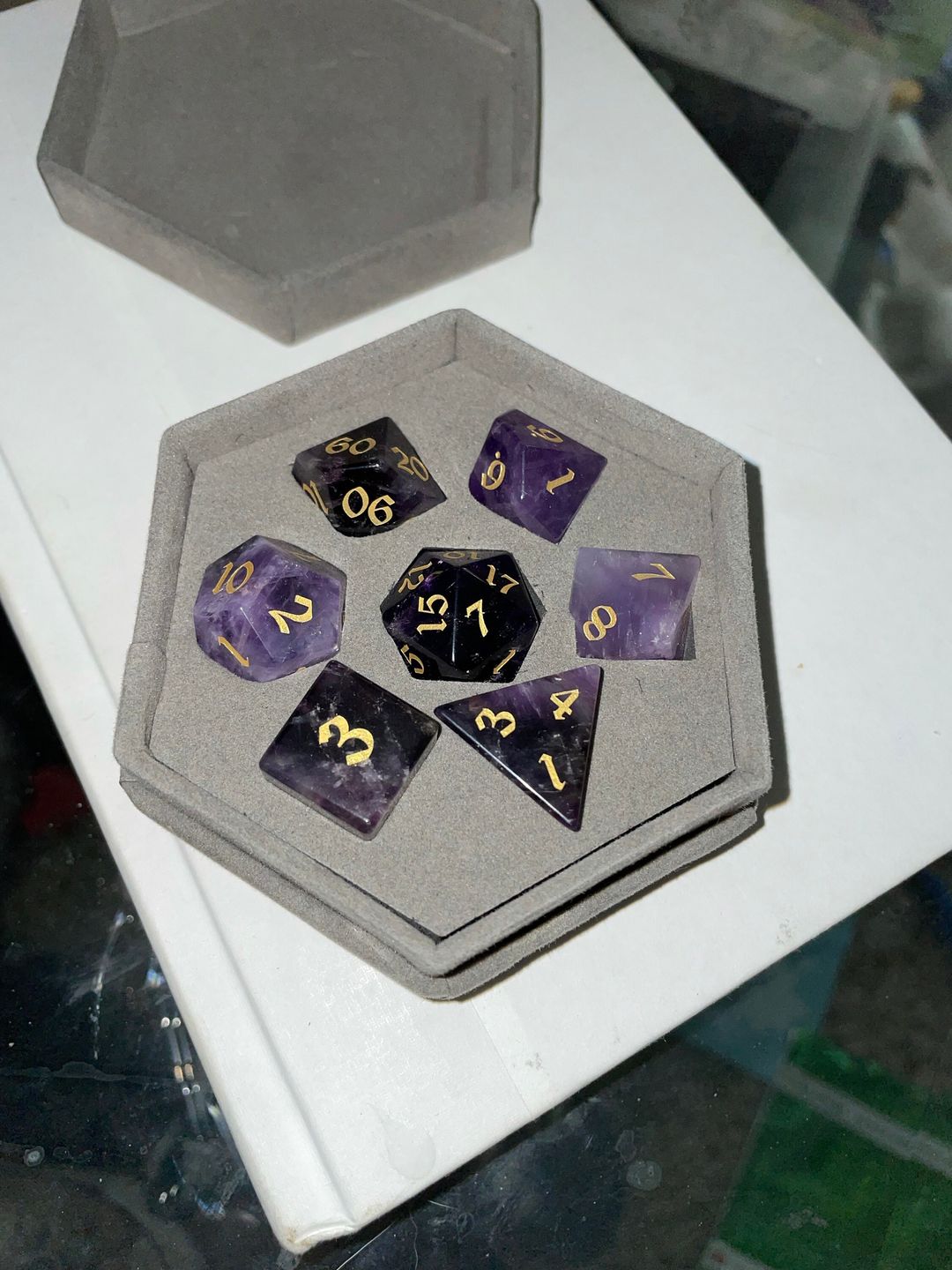 Customer photo review of Gemstone Amethyst Dice (With Box) Hand Carved Polyhedral Dice DND Set - Gift For Dnd, RPG Game