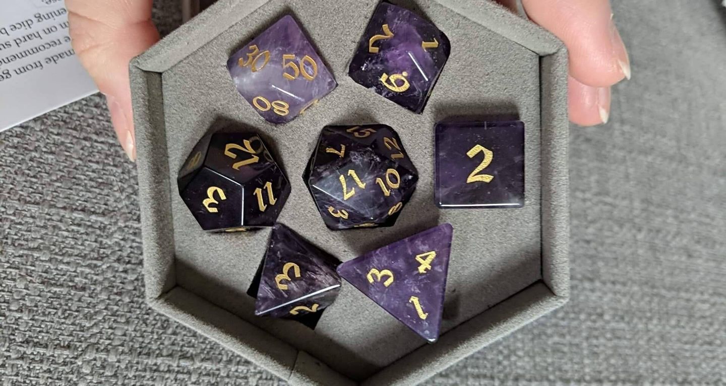 Customer photo review of Gemstone Amethyst Dice (With Box) Hand Carved Polyhedral Dice DND Set - Gift For Dnd, RPG Game
