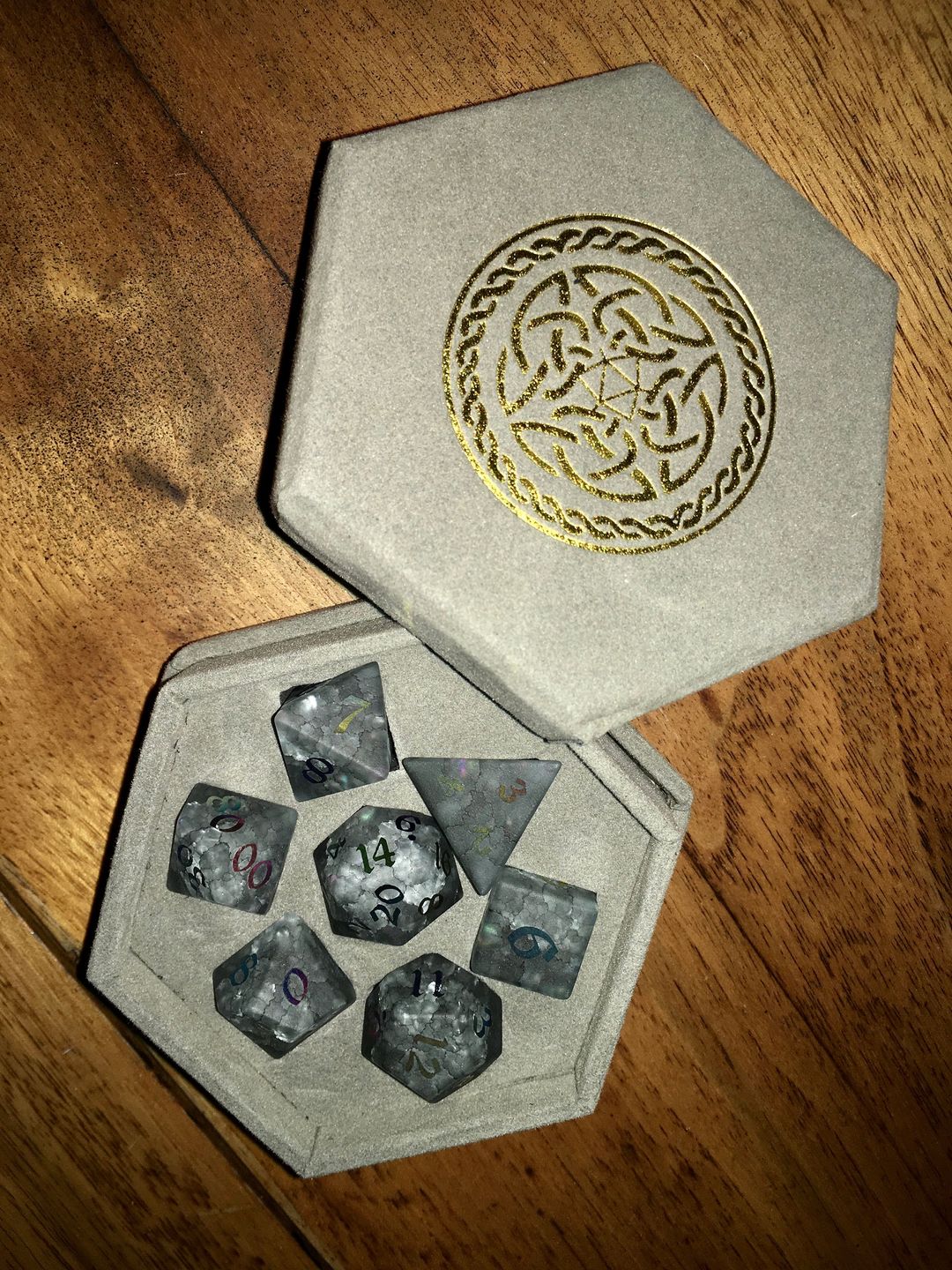 Customer photo review of Black Inked Lightning Glass Cracked Glass (And Box) Polyhedral Dice DND Set - RPG Game DND