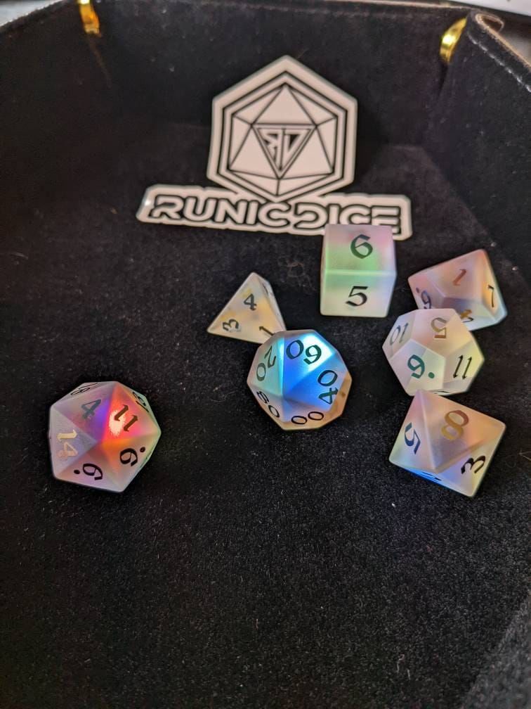 Customer photo review of Gemstone (Inked) Raised Dichroic Glass Polyhedral Dice (With Box) DND Set
